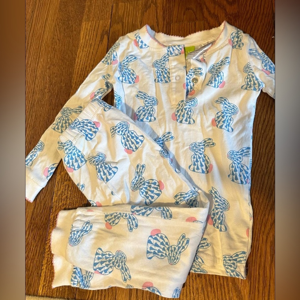 Girls White Pajama Set with Blue Bunny Print